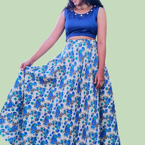 STYLIEX Other - Blue Floral Print Raw Silk Skirt with Crop Top